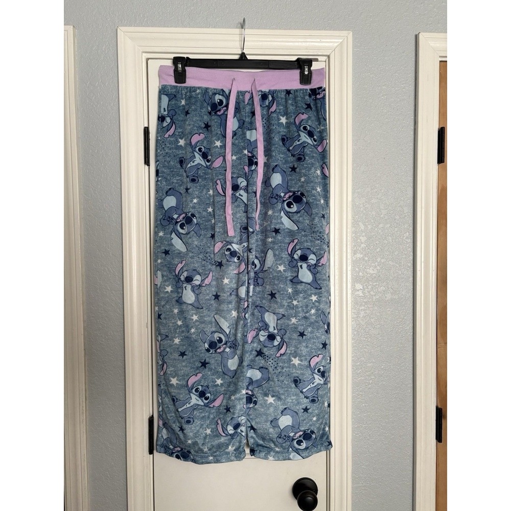 Disney‎ Stitch Pajama Pants Women Large Blue Fleece Star Print Lounge Bottoms